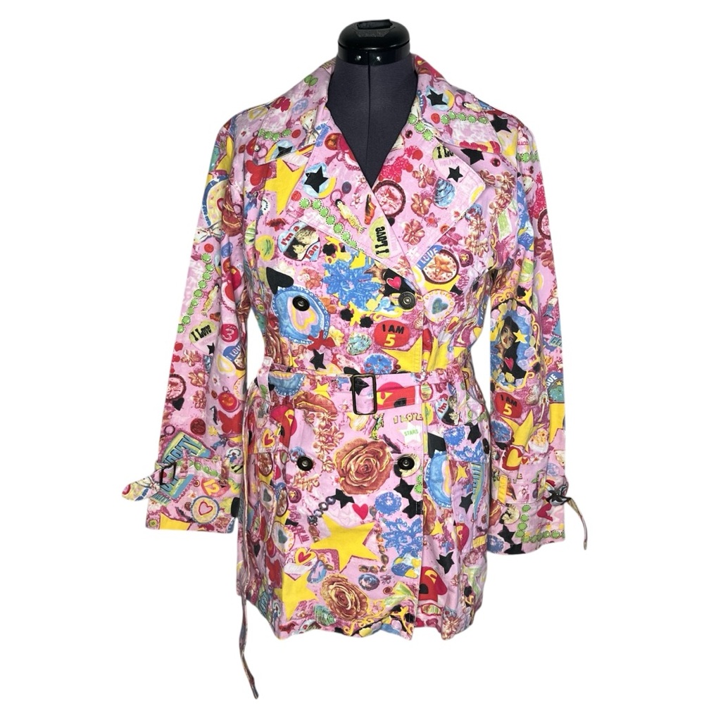Y2K Vtg Fiorucci Pink Maximalist Graphic Print Belted Trench Coat Jacket Kitschy